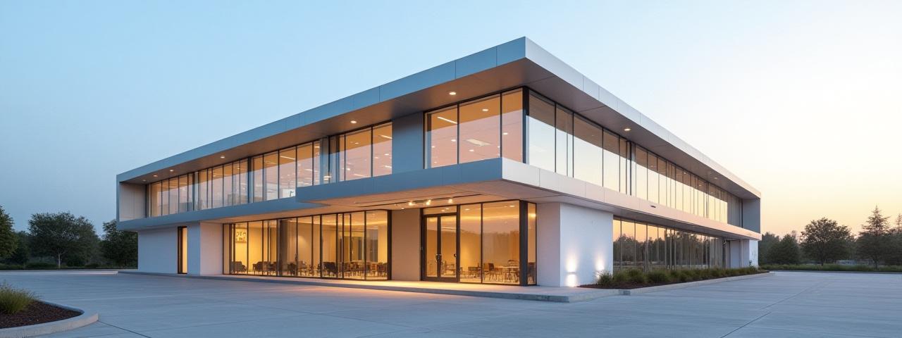 Modern architectural building exterior with warm evening light, representing connection and collaboration.