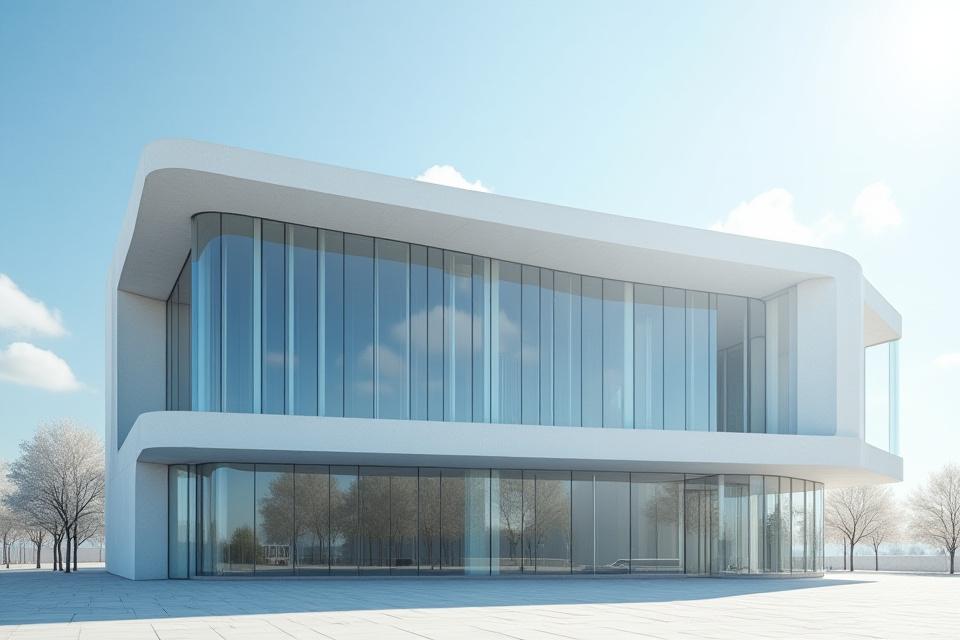Modern building exterior with large glass facades and minimalist design