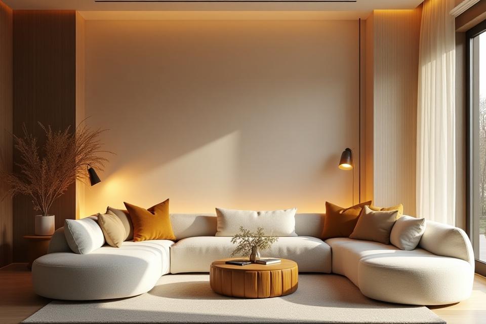 Modern minimalist living room interior with warm lighting and comfortable furniture